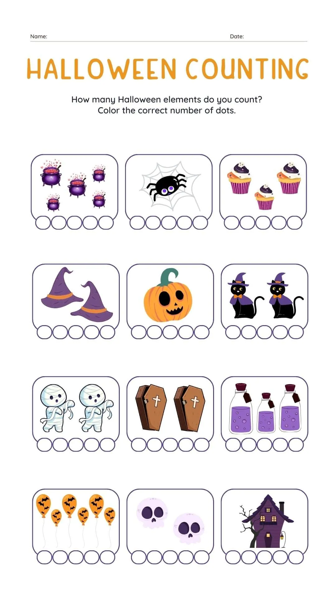 Halloween counting activities are printable with spooky items like cauldrons, pumpkins, witches, and mummies, encouraging kids to count and color.