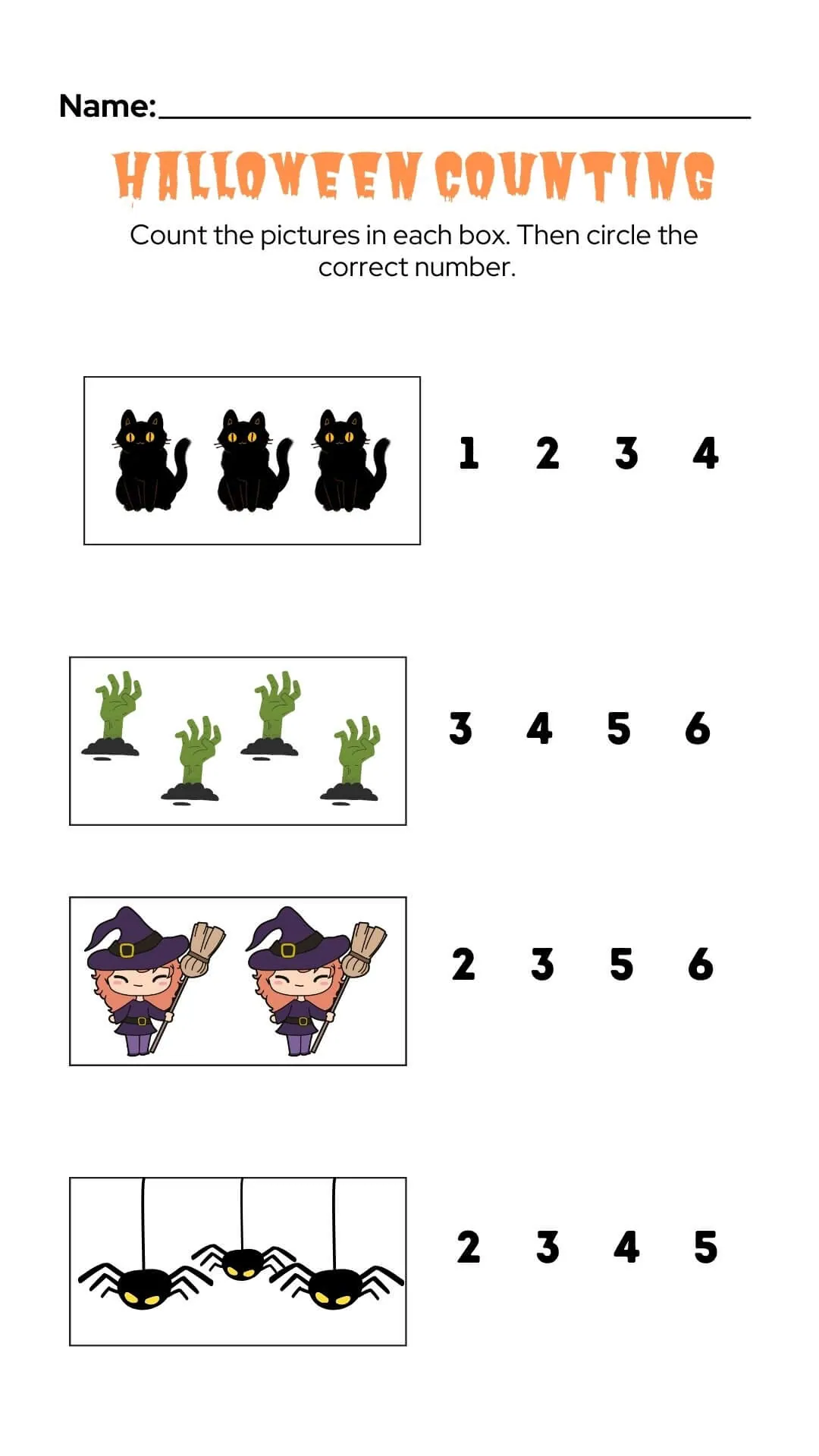 Halloween counting activity worksheet with cats, witches, green hands, and spiders for kids to count and circle.