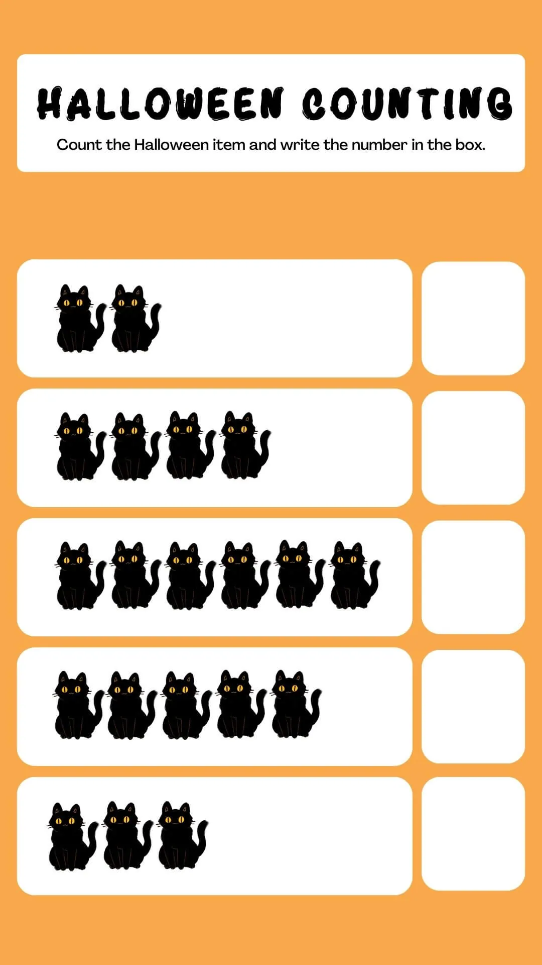 Halloween counting worksheet featuring rows of black cats for kids to count and write the number.