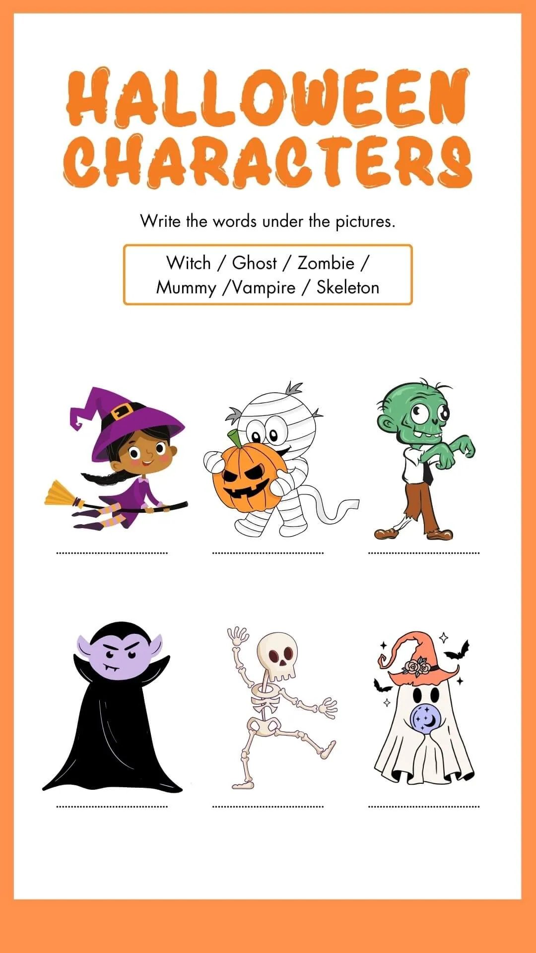 Halloween character identification worksheet featuring witches, mummies, vampires, skeletons, and zombies.