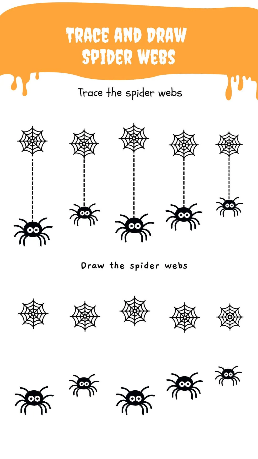 Halloween activity for tracing and drawing spider webs with cute spiders hanging from webs.