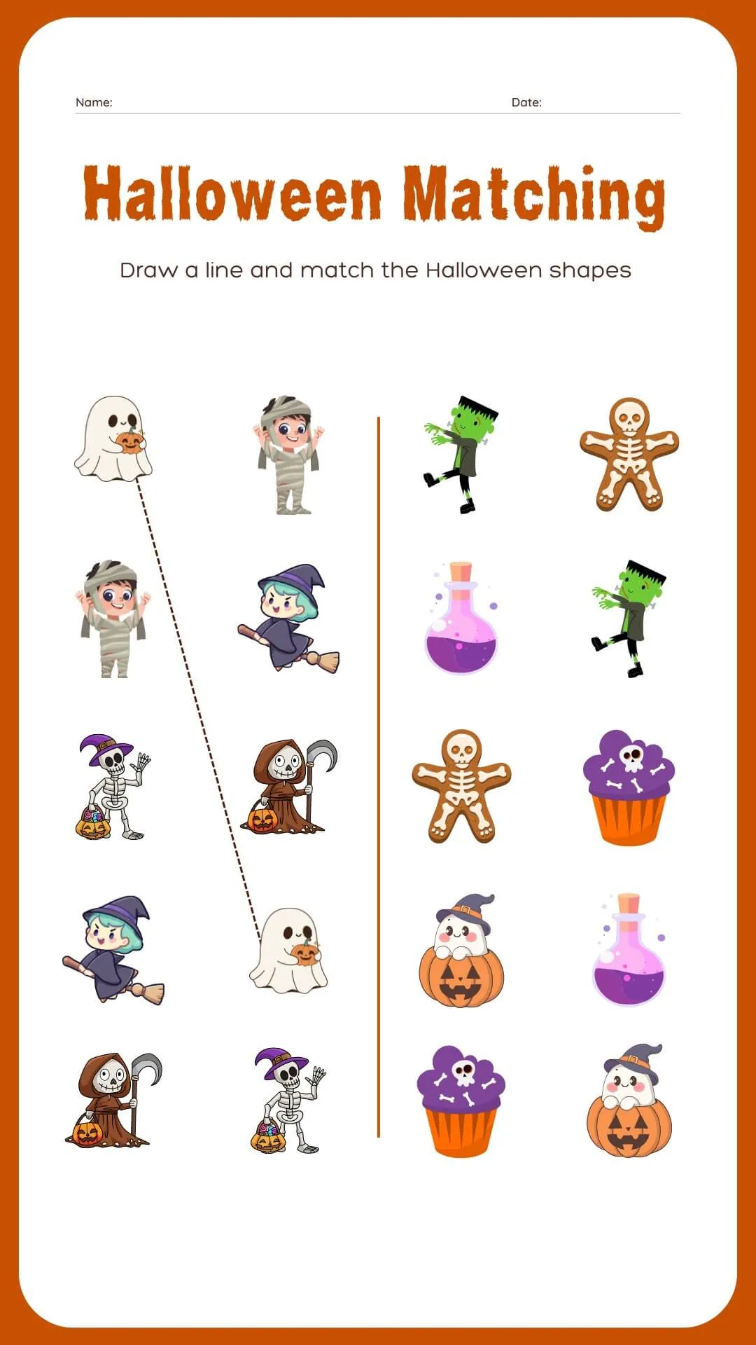 Halloween matching game featuring characters like witches and mummies for kids to match with related items.