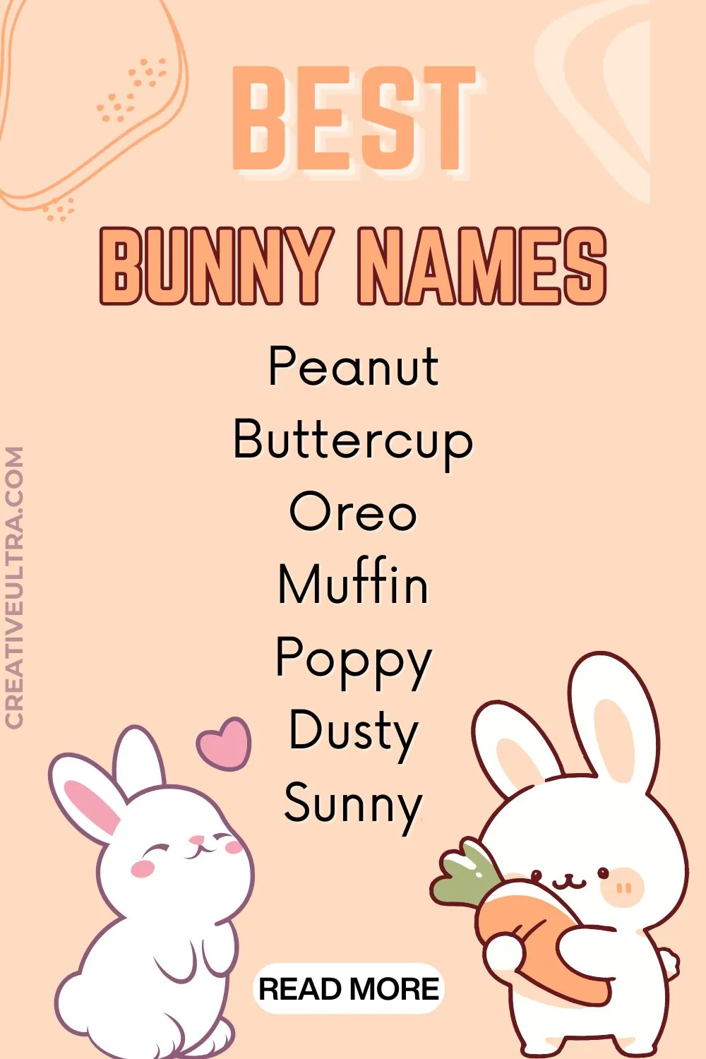 This cute bunny-themed image lists names like Peanut, Buttercup, and Oreo. It features smiling cartoon bunnies, one holding a carrot, on a peach background.