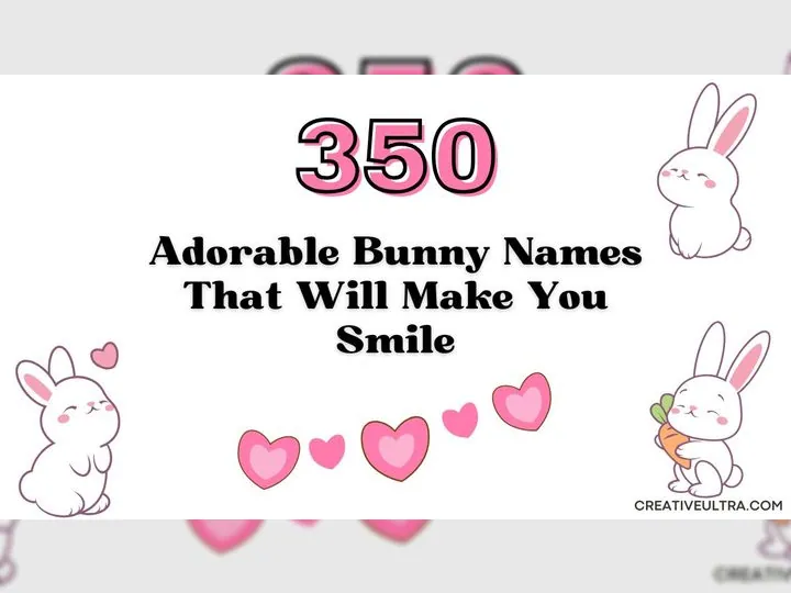 Cute illustration with "350 Adorable Bunny Names That Will Make You Smile" in bold text. Features happy bunnies and pink hearts, creating a cheerful vibe.