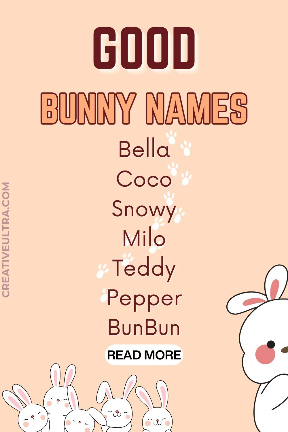 A cute illustration lists good bunny names on a peach background with paw prints. Names include Bella, Coco, and Milo. The illustration features smiling cartoon bunnies.