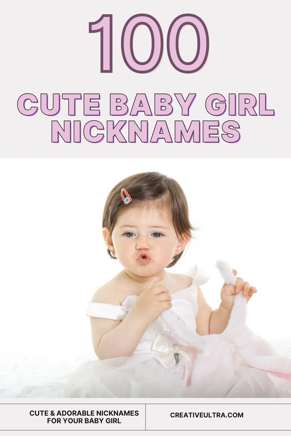 Cute baby girl in a white dress makes a playful expression, holding a stuffed toy. Text reads "100 Cute Baby Girl Nicknames." Happy, whimsical vibe.