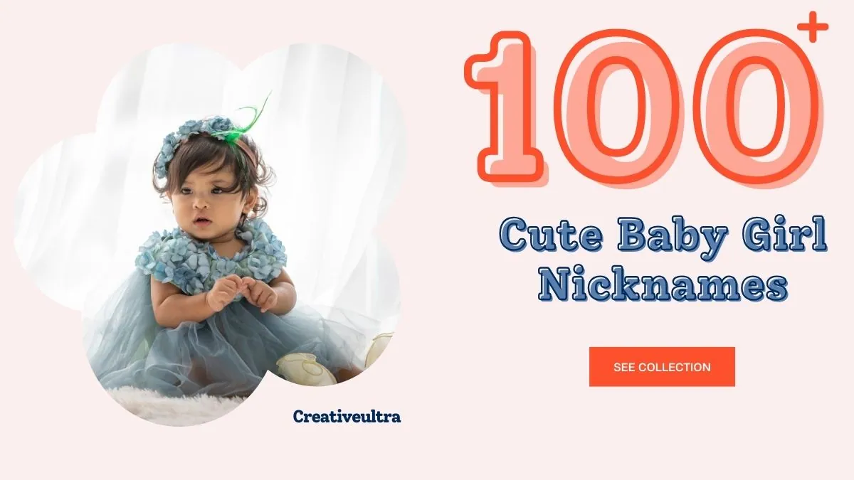 A baby girl in a blue dress and matching headband sits on a soft rug. The text "100+ Cute Baby Girl Nicknames" appears beside her in playful, bold font.