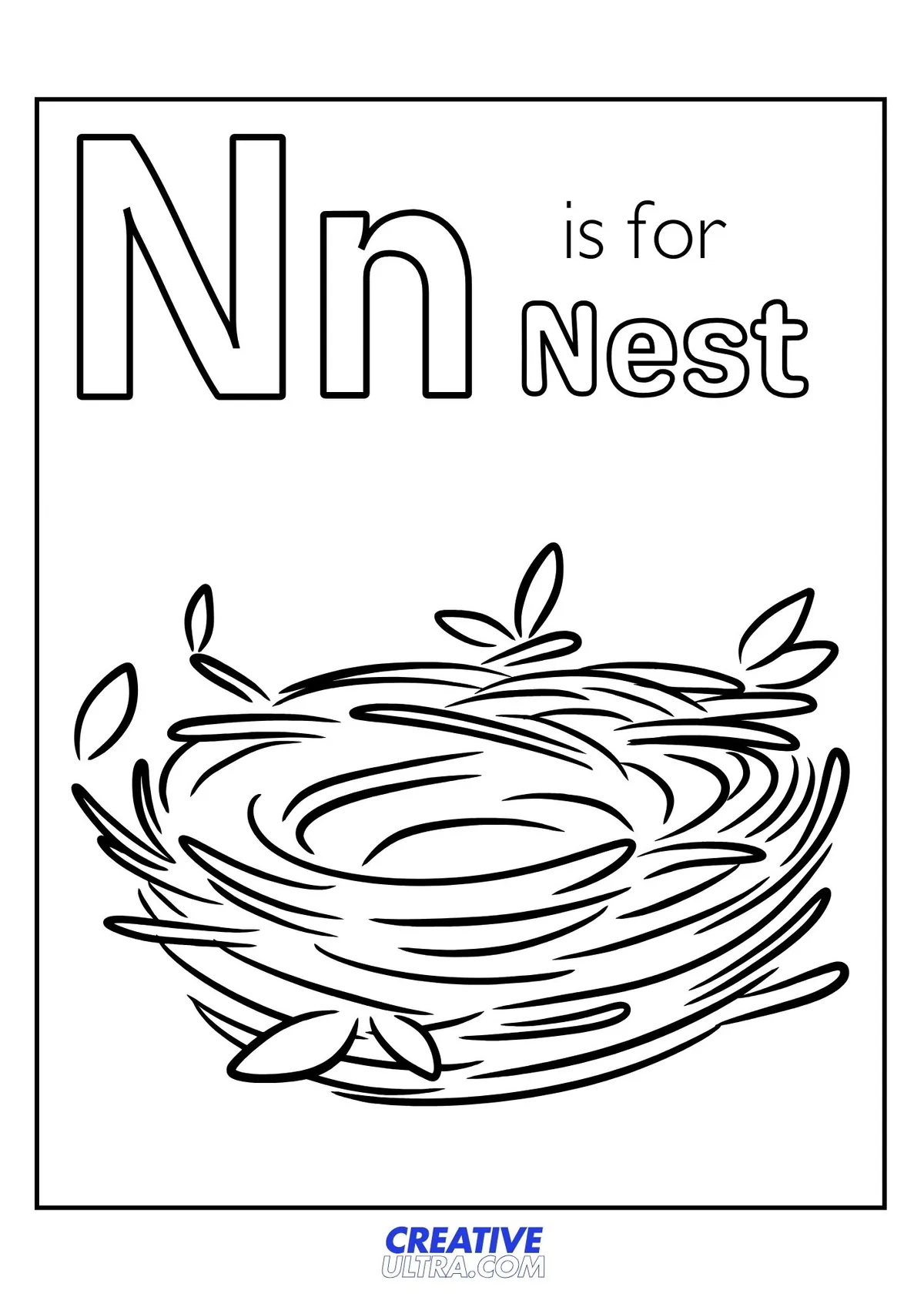 Letter N is for Nest coloring page with a detailed nest illustration.