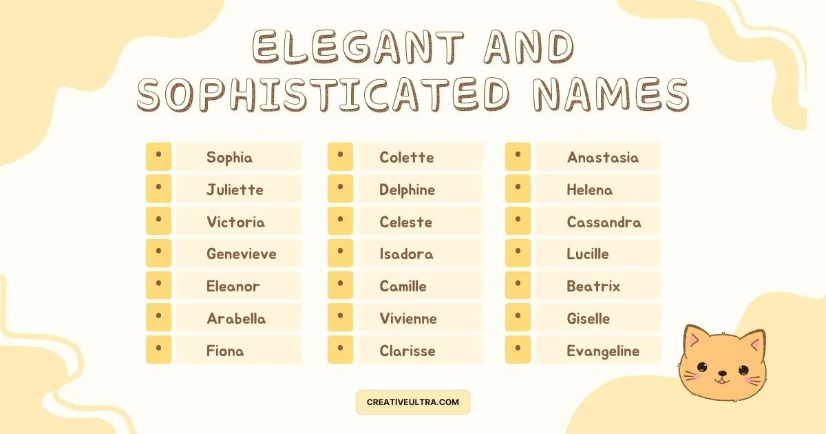"List of elegant names in three columns on a cream background, with a cute cat illustration in the bottom right. Keywords: names, elegant, sophisticated."