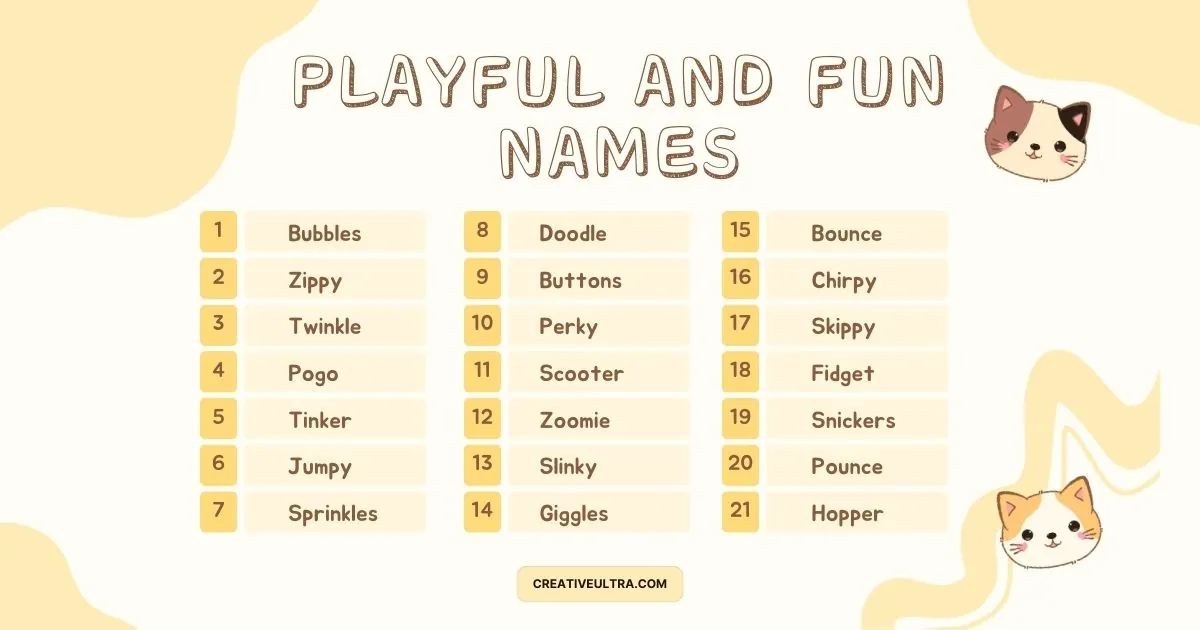 Whimsical list titled "Playful and Fun Names" with 21 names, featuring cartoon cat faces in corners. Light, cheerful design and pastel colors.