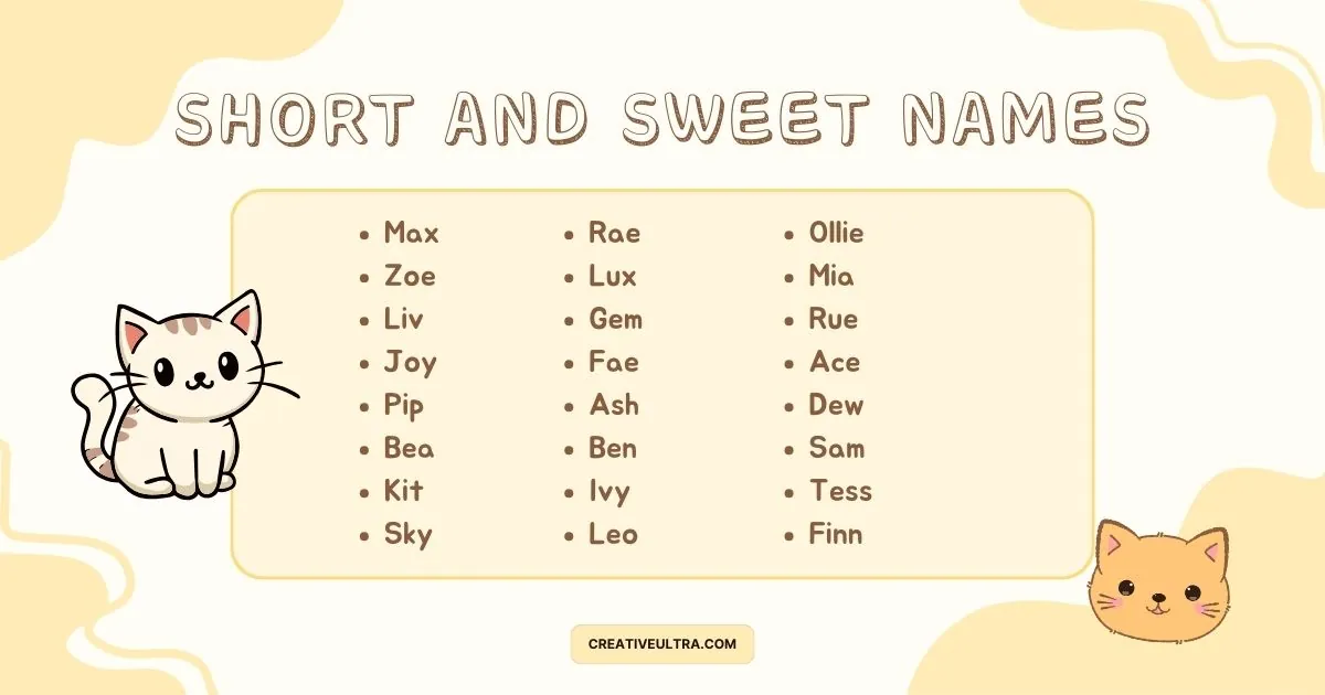 "List of short and sweet names on a beige background, framed by cute cartoon kittens. Names include Max, Zoe, Rae, Ollie, and more. Whimsical tone."