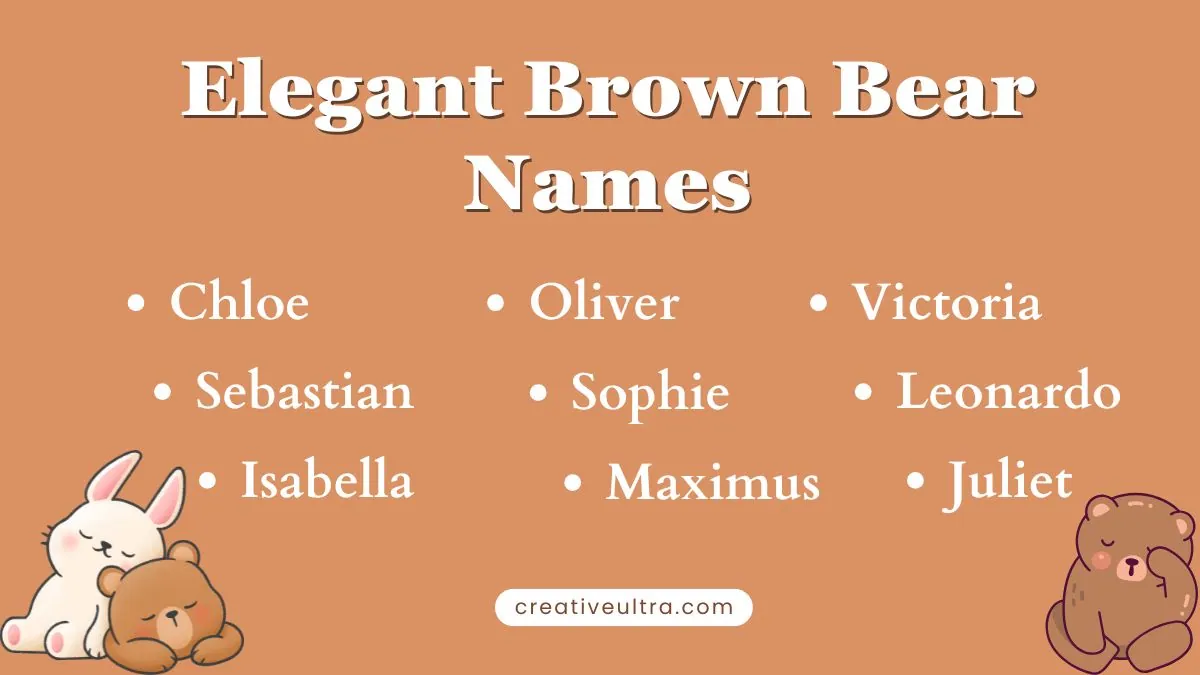 Text on a brown background lists elegant bear names: Chloe, Sebastian, Isabella, Oliver, Sophie, Maximus, Victoria, Leonardo, Juliet. Cute rabbit and bear illustrations.