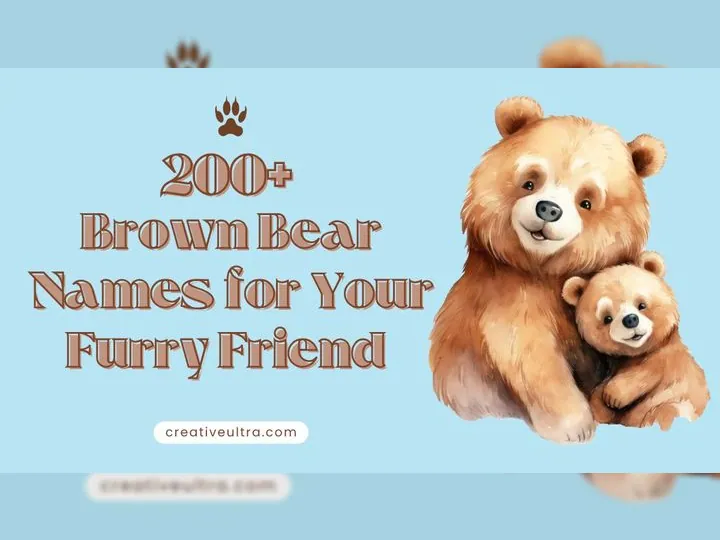 Two smiling brown bears, an adult and a cub, sit joyfully against a light blue background. Text reads: "200+ Brown Bear Names for Your Furry Friend."