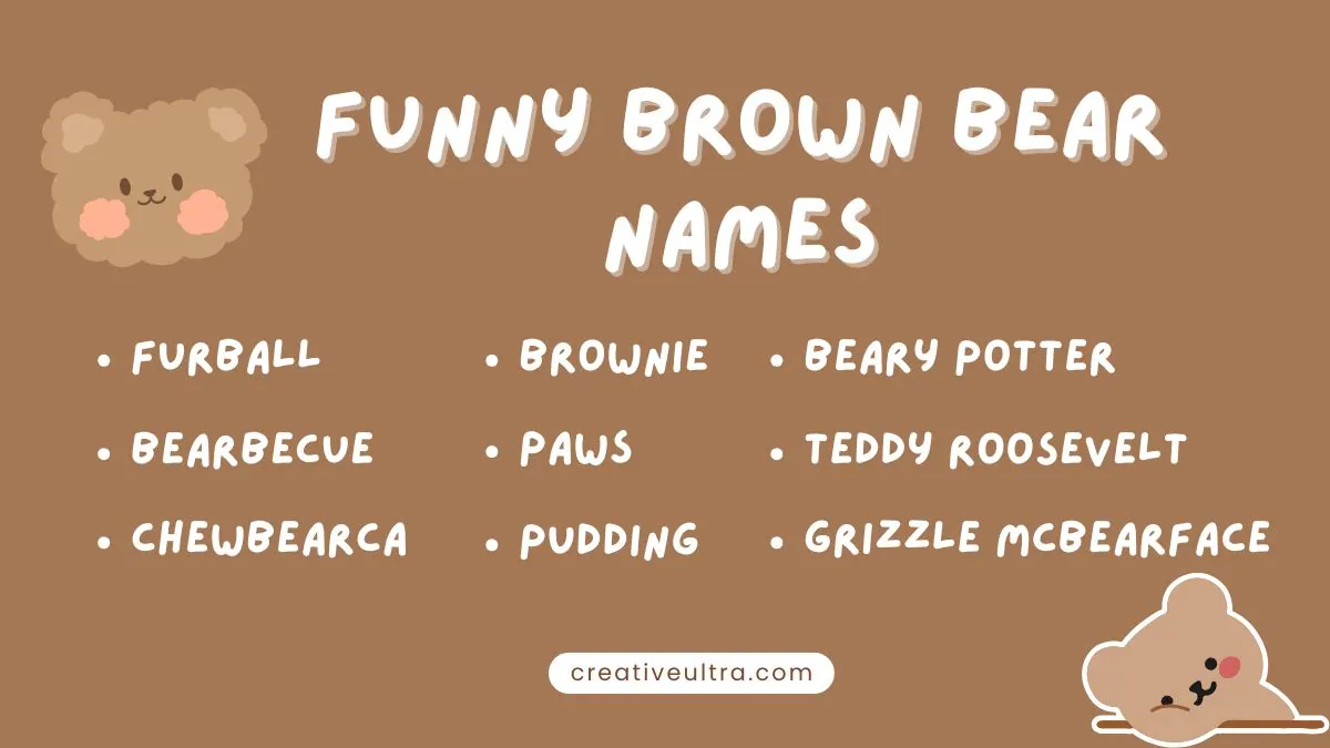 Cute brown bear-themed image with a list of funny names like Furball, Bearbecue, and Chewbearca. Includes bear illustrations and a playful tone.