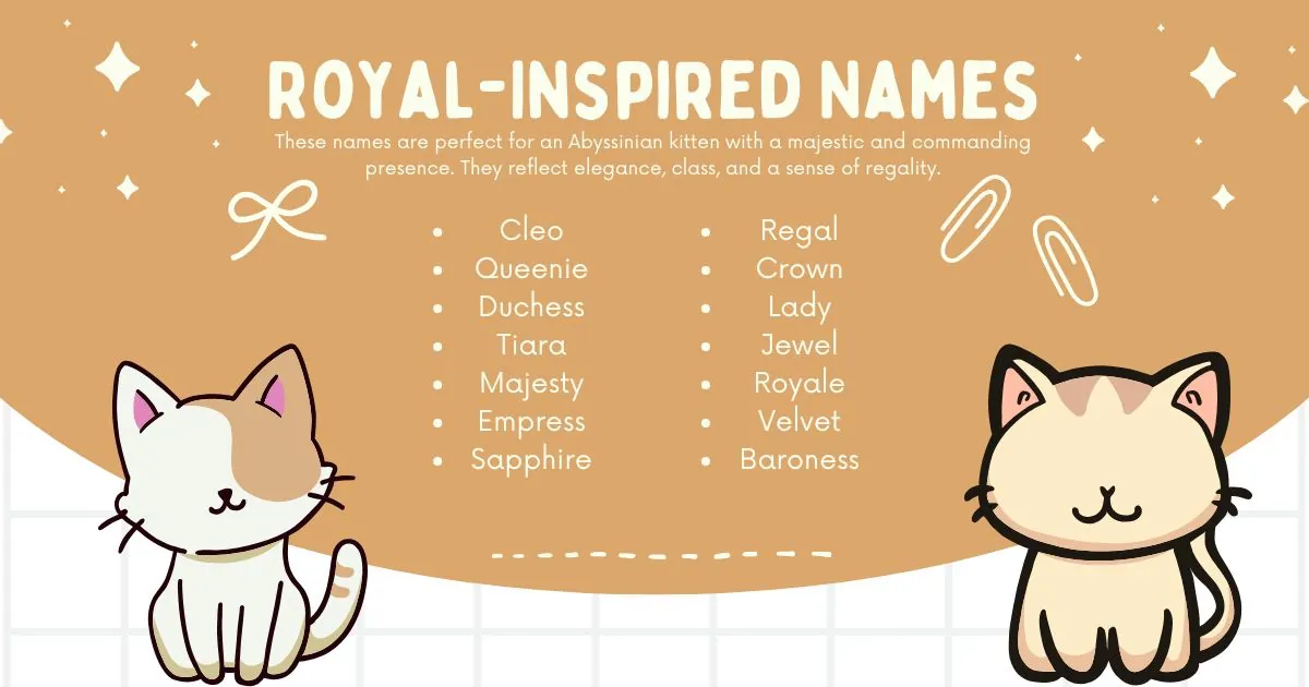 Illustrated image with two adorable cats framing the text. The background is brown with stars and ribbons. It lists regal cat names like Cleo and Duchess.