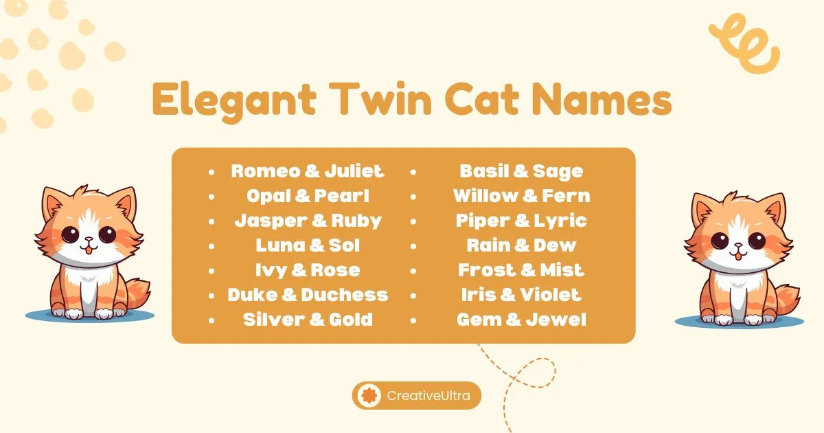Cartoon cats flank a list titled "Elegant Twin Cat Names" in a playful design. Names include "Opal & Pearl," "Rain & Dew," and more, evoking a whimsical tone.