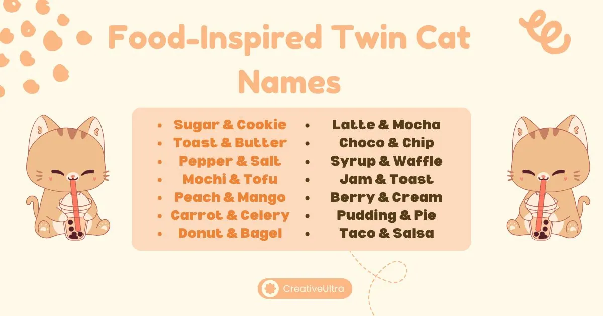 Illustration of two cute, cartoon cats sipping bubble tea, surrounded by playful doodles. A list of food-inspired twin cat names is displayed in the center.