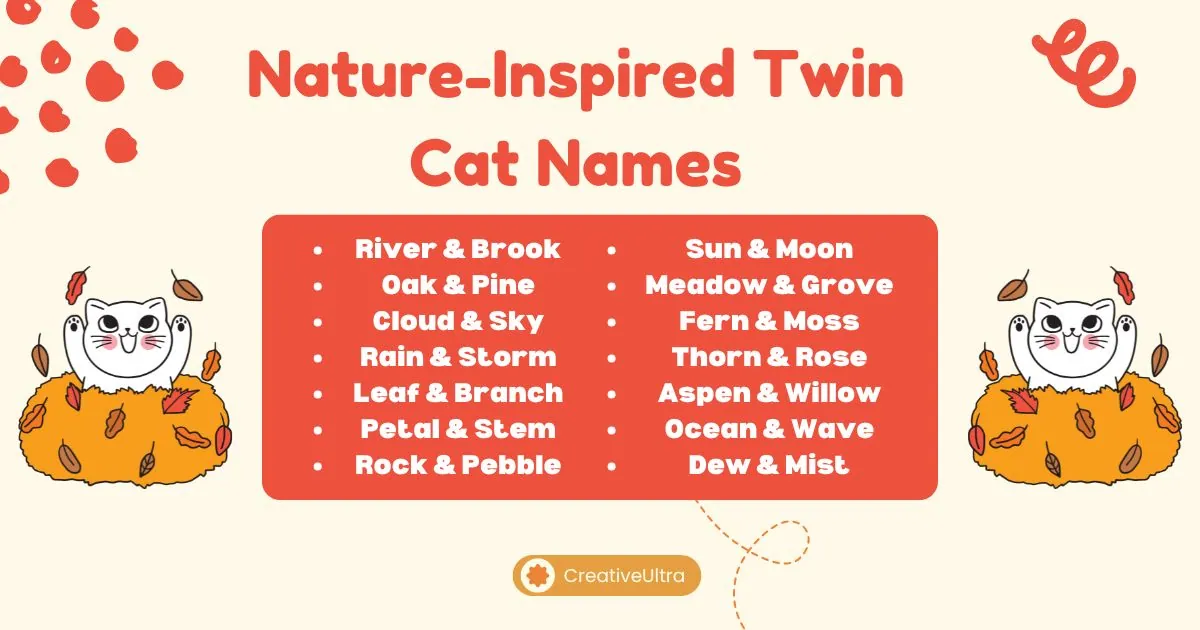 "Nature-inspired twin cat names listed on a beige background with red lettering, surrounded by playful cat illustrations and autumn leaves."