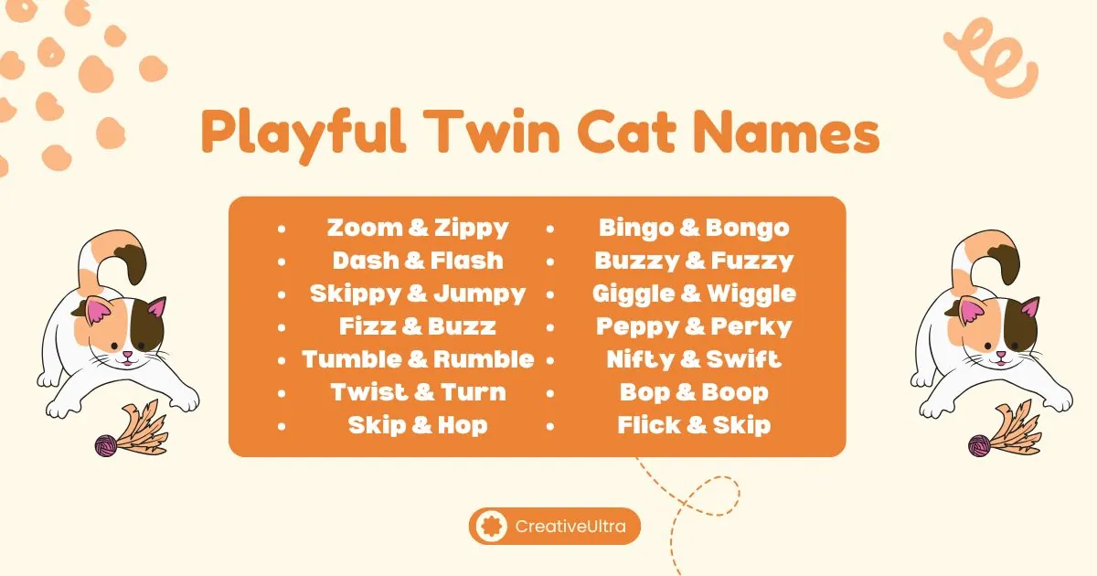 Illustration titled "Playful Twin Cat Names" with a list of whimsical names like "Zoom & Zippy" and "Bingo & Bongo." Includes cartoon cats and yarn.