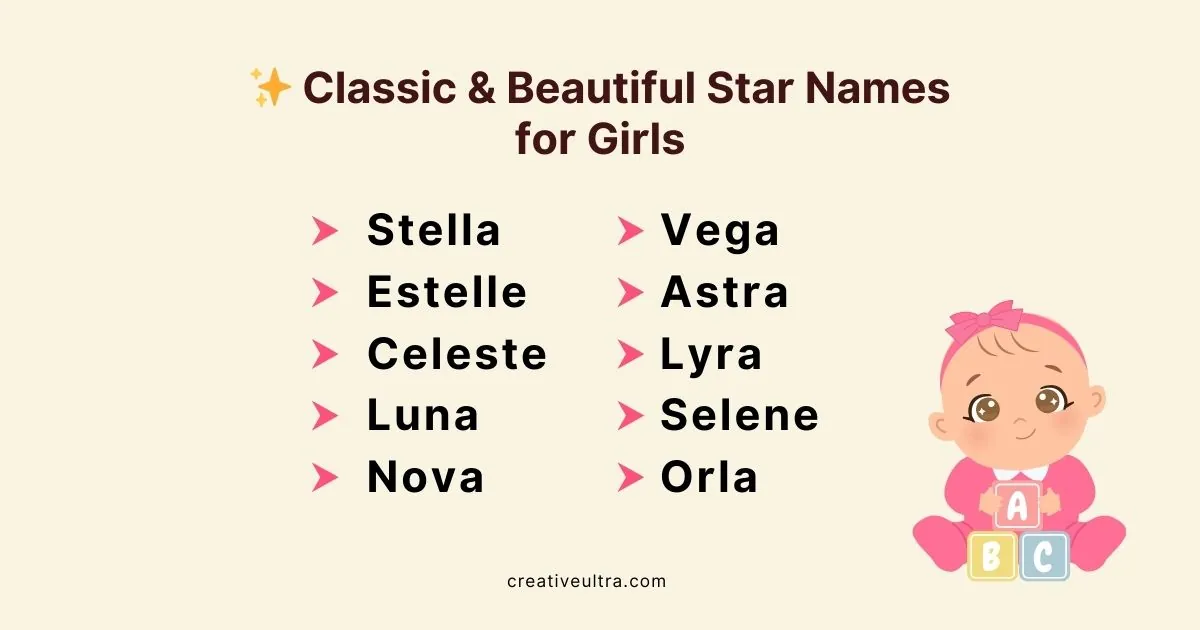 "Image titled 'Classic & Beautiful Star Names for Girls' with a list of names like Stella and Vega. A cute baby illustration holding blocks. Soft, playful tone."