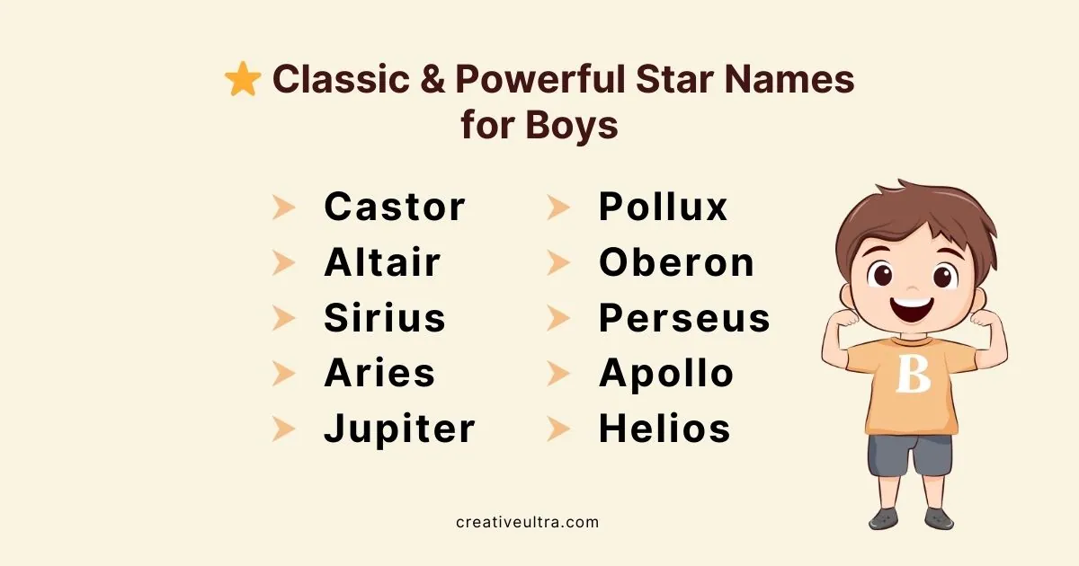 "Illustration of classic and powerful star names for boys, including Castor, Pollux, Altair, Oberon, and more, with a smiling cartoon boy."