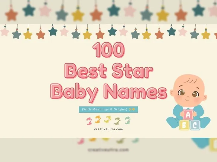 Illustration of colorful stars and a smiling baby with alphabet blocks, text reads "100 Best Star Baby Names" and includes meanings and origins.