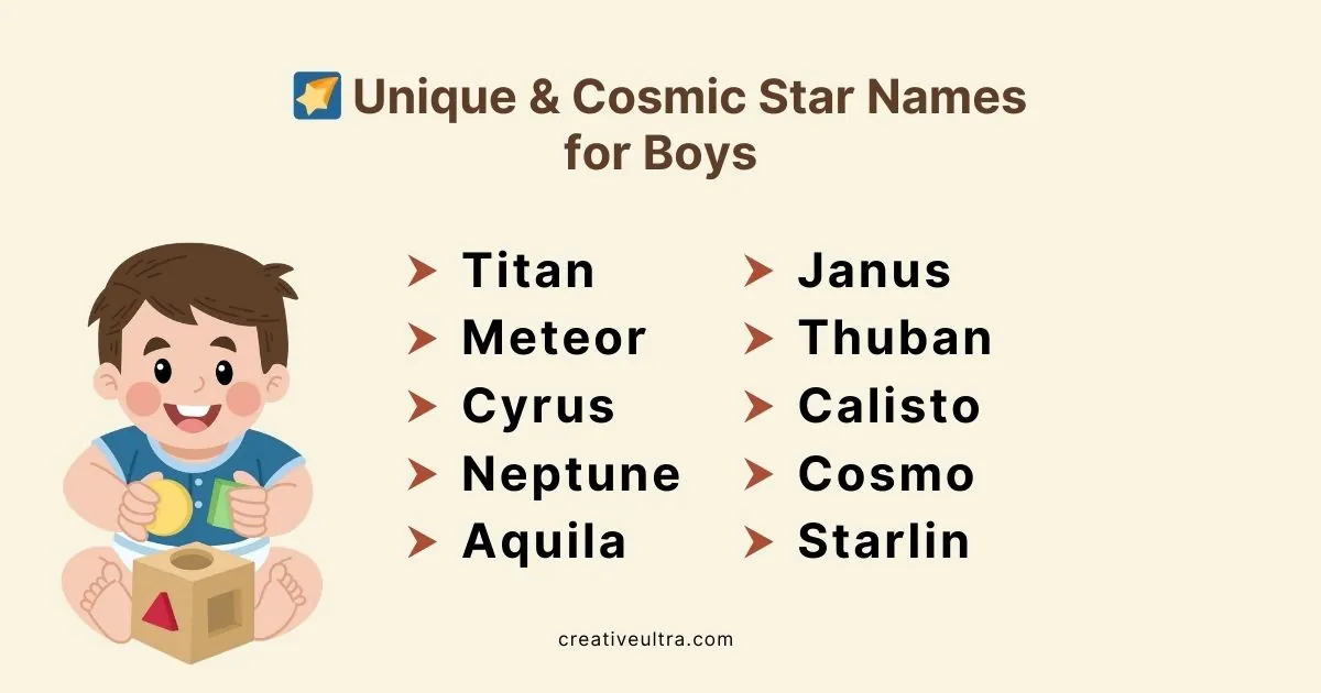 Illustration of a smiling baby holding shapes beside a list titled "Unique & Cosmic Star Names for Boys," including Titan, Meteor, Cyrus, and more.