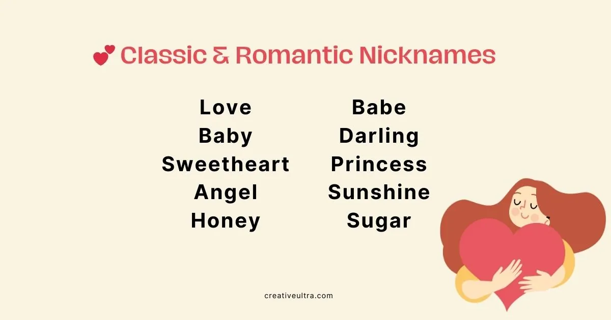 "Image featuring the title 'Classic & Romantic Nicknames' with a heart icon. Lists nicknames like Love, Baby, Angel, Babe, Darling. Illustrated woman holding a large red heart, conveying love and warmth."