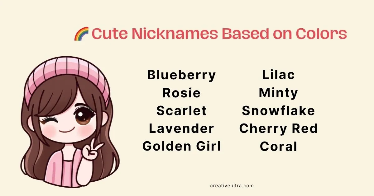 Cartoon girl winking, wearing a pink cap and sweater, next to text: "Cute Nicknames Based on Colors" with a list including Blueberry, Rosie, Lilac, and Coral.
