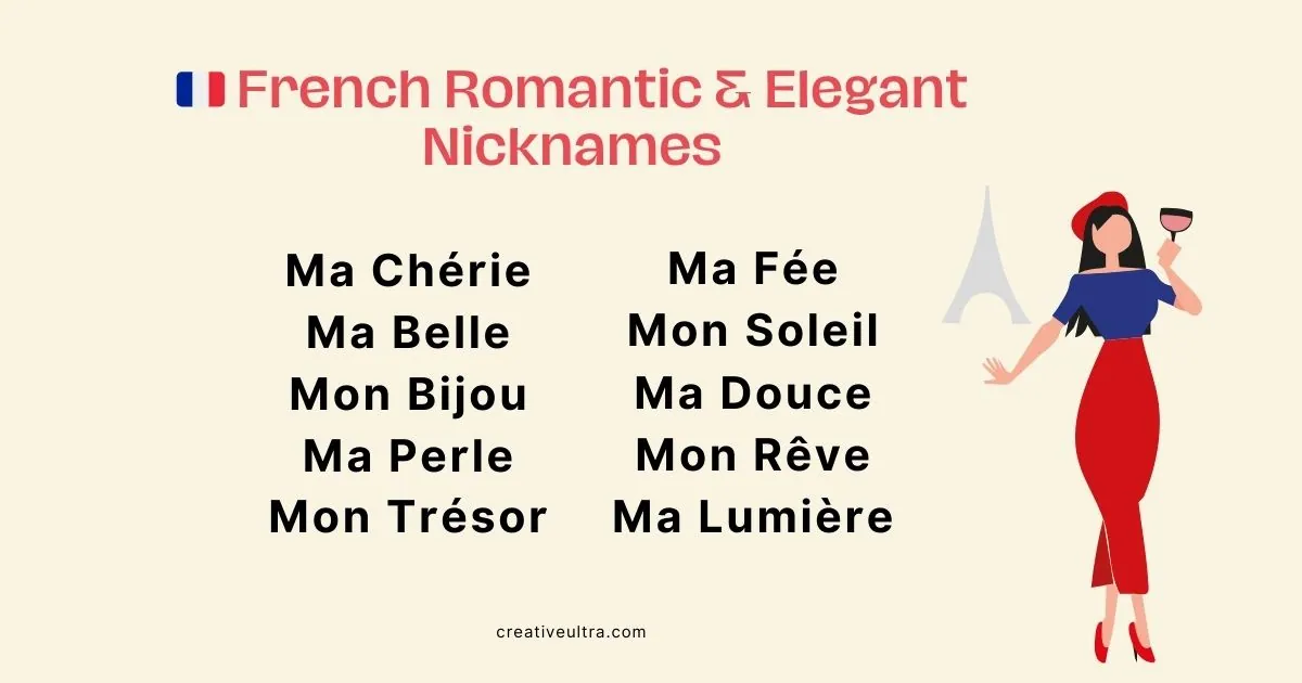 "List of French romantic nicknames with an illustration of a woman in red holding a wine glass, styled with the Eiffel Tower. Keywords include Ma Chérie, Ma Belle, Mon Bijou, and more."