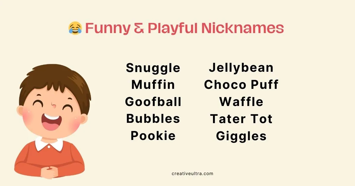 Illustration of a laughing child next to the text "Funny & Playful Nicknames" with names like Snuggle, Muffin, and Jellybean on a light background.