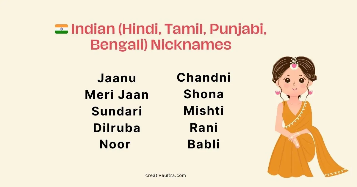 "List of Indian nicknames in Hindi, Tamil, Punjabi, Bengali with cartoon girl. Names: Jaanu, Meri Jaan, Sundari, Dilruba, Noor, Chandni, Shona, Mishti, Rani, Babli. Illustration of girl in an orange sari on the right."
