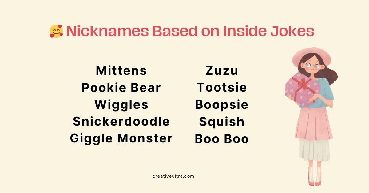 Image of a list titled "Nicknames Based on Inside Jokes" with cute options like "Pookie Bear" and "Boopsie." On the right, an illustration of a smiling girl holding a gift.