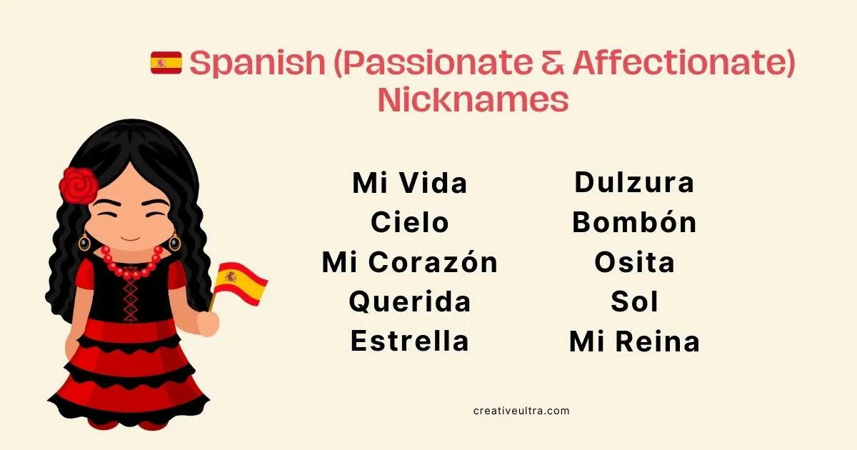 Illustration of a smiling woman in a red and black dress holding a Spanish flag. The text lists affectionate Spanish nicknames like "Mi Vida" and "Dulzura."