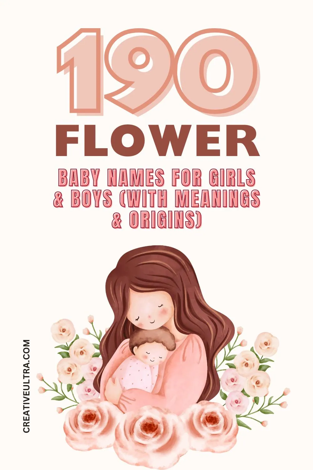 Illustration of a mother tenderly holding a baby, surrounded by pink flowers. Text reads "190 Flower Baby Names for Girls & Boys." Warm, nurturing tone.