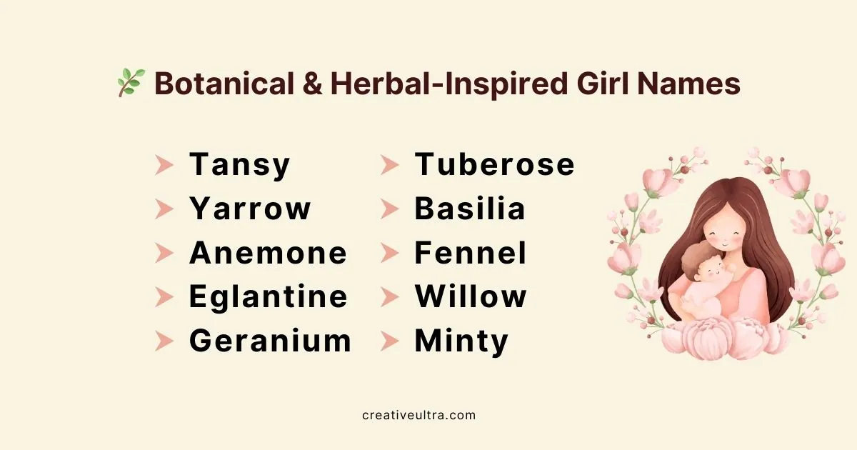 "List of botanical and herbal-inspired girl names, including Tansy, Yarrow, Anemone, and others. Illustrated mother holds a baby amid pink flowers."