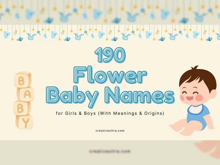 Playful design with bold text "190 Flower Baby Names," includes blocks spelling "BABY" and a cute baby illustration, surrounded by hanging baby items.