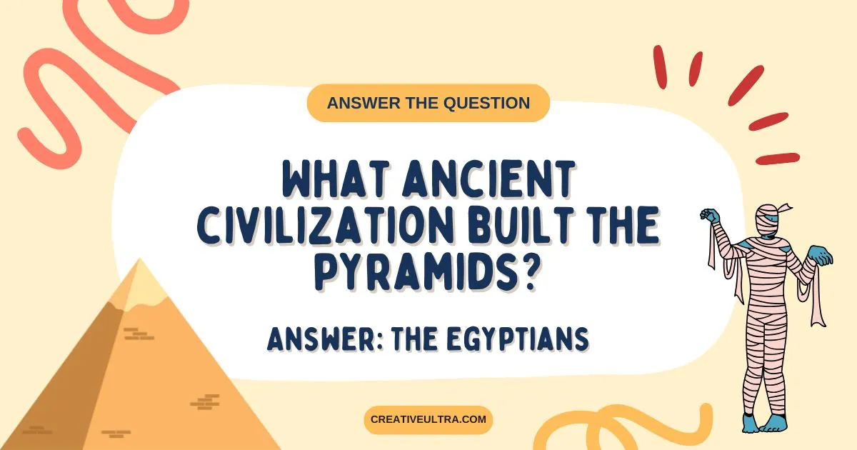 Text reads, "What ancient civilization built the pyramids? Answer: The Egyptians." Background features a pyramid, a mummy, and decorative shapes.
