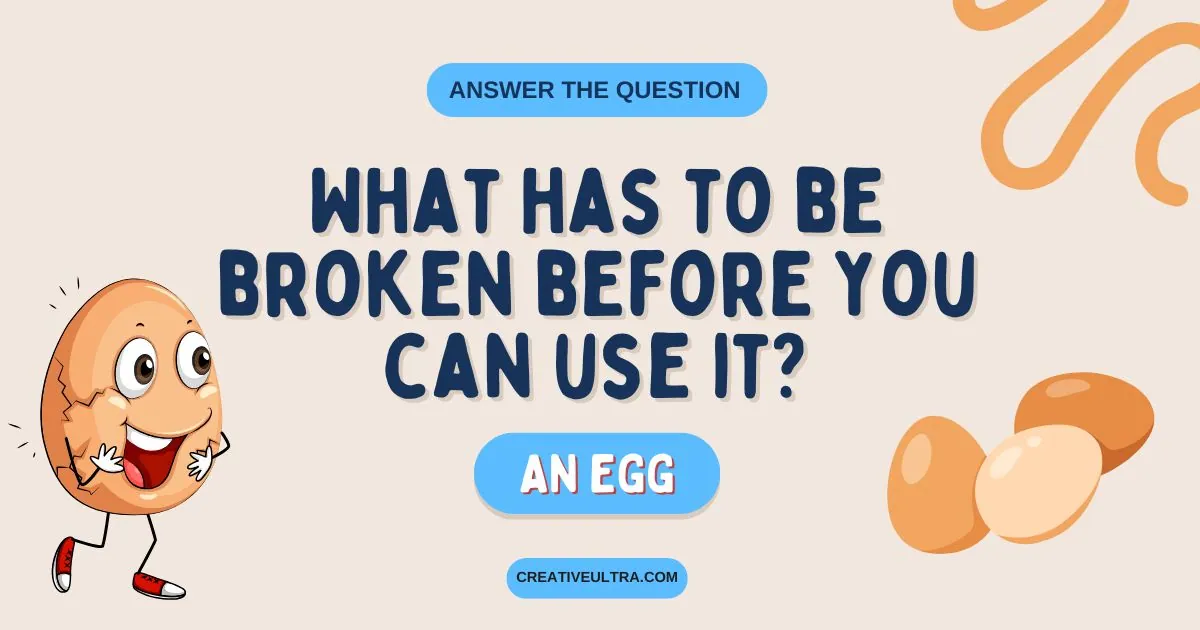 Cartoon egg wearing sneakers smiles on the left. Text asks, "What has to be broken before you can use it?" Answer: "An egg." Light-hearted tone.
