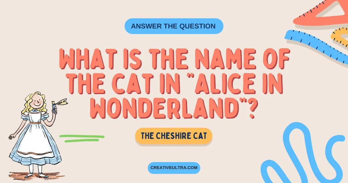 Illustration of Alice holding a “Drink Me” bottle. Text asks the name of the cat in "Alice in Wonderland," with "The Cheshire Cat" as the answer. Playful design.