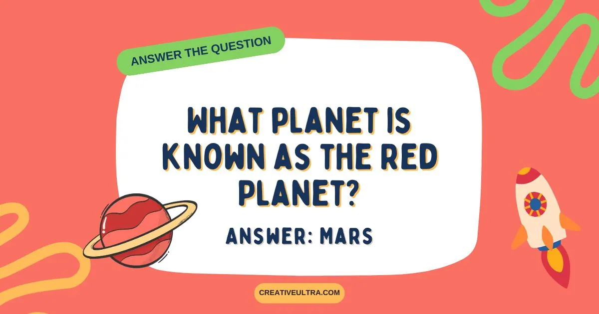 Bright, playful image with a trivia question: "What planet is known as the Red Planet?" Answer is "Mars". Cartoon planet and rocket decorate the red background.