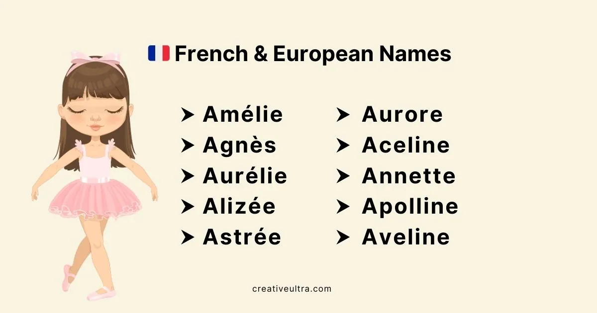 Illustration of a ballet girl in a pink tutu beside a list of French names: Amélie, Agnès, Aurélie, Alizée, Astrée, Aurore, Aceline, Annette, Apolline, Aveline.