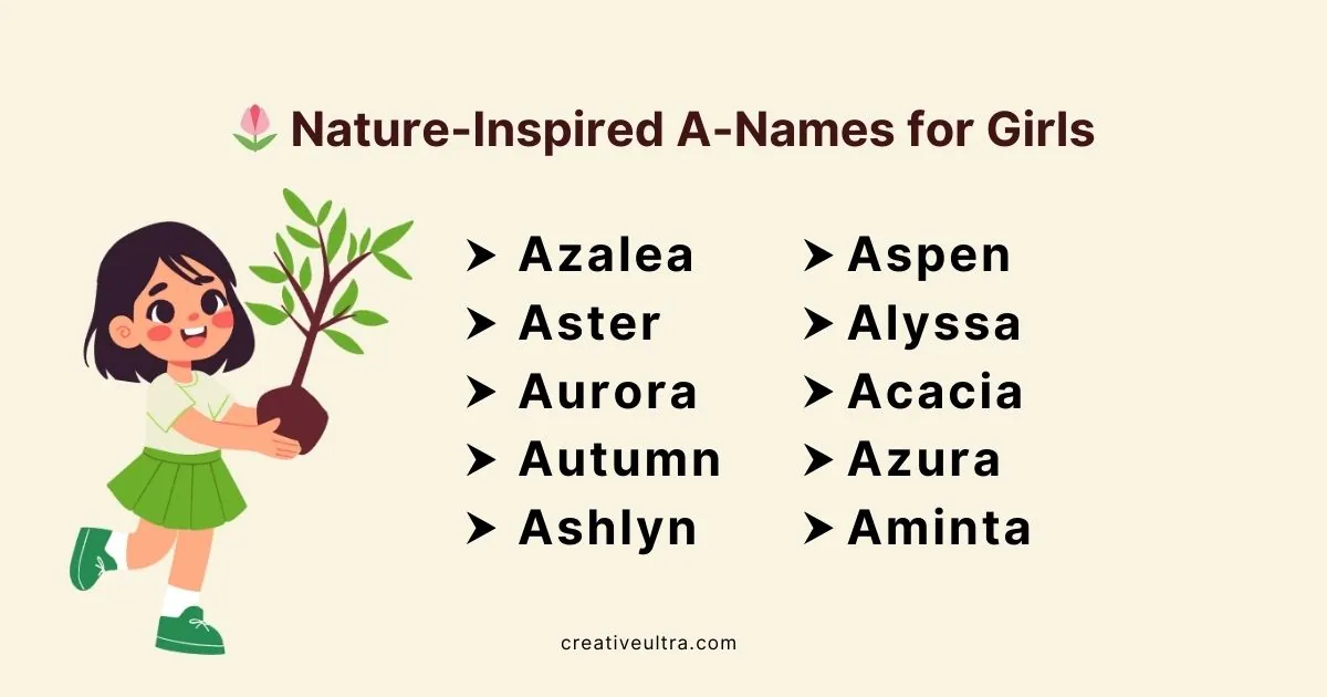 A smiling girl in a green skirt holds a potted plant. Text reads "Nature-Inspired A-Names for Girls" with names like Azalea, Aspen, Aurora, and more.