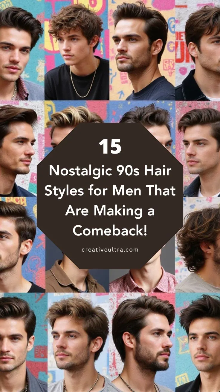 Collage of various men showcasing 90s hairstyles against bright, colorful backgrounds. Central text reads, "15 Nostalgic 90s Hair Styles for Men That Are Making a Comeback!"