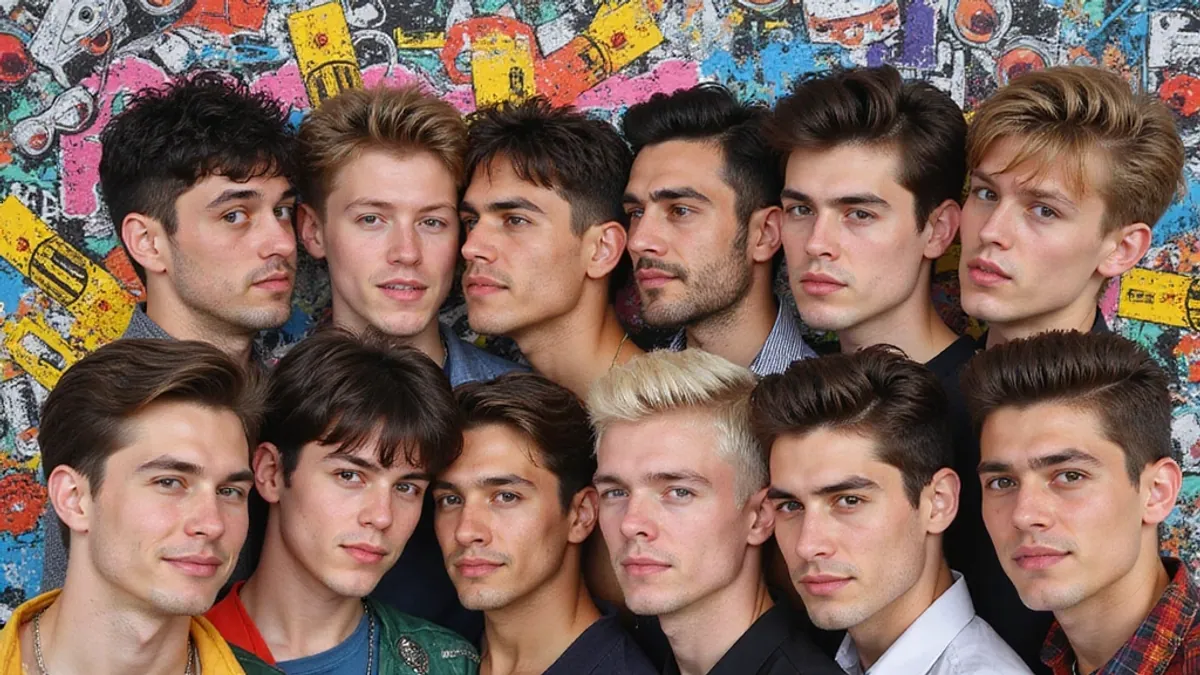 A group of twelve young men poses closely together in front of a colorful graffiti wall. The mood is playful and stylish, each showing a neutral expression.
