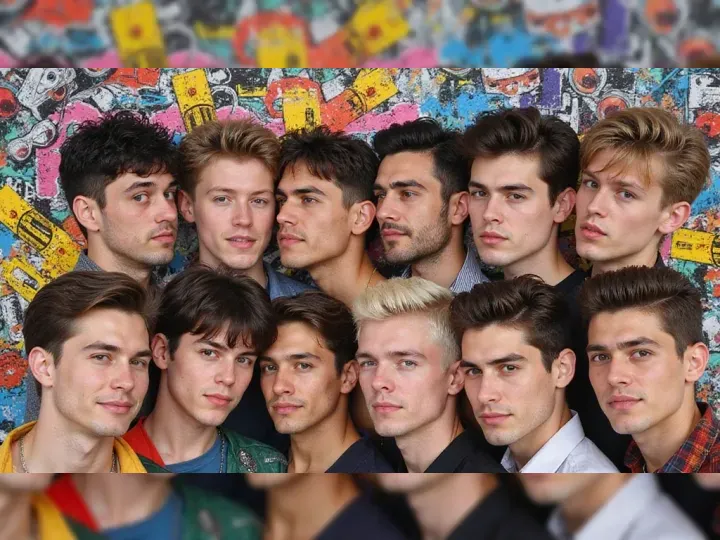 A group of twelve young men poses closely together in front of a colorful graffiti wall. The mood is playful and stylish, each showing a neutral expression.
