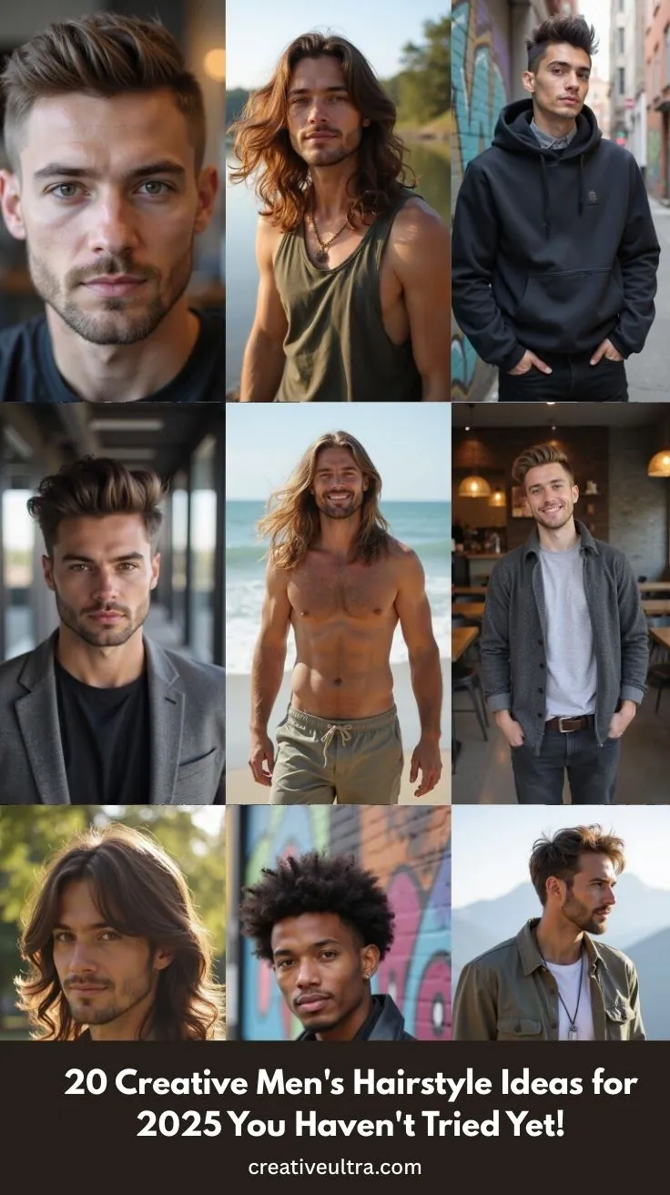Collage featuring diverse men's hairstyles, from short to long, in various settings like outdoors and urban. Text: "20 Creative Men's Hairstyle Ideas for 2025."