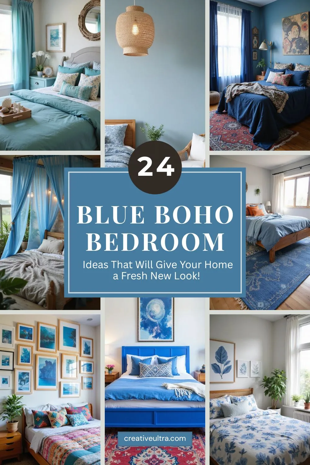 Collage showcasing bohemian blue bedrooms with vibrant decor, cozy textiles, and natural accents. Central text reads "24 Blue Boho Bedroom Ideas."