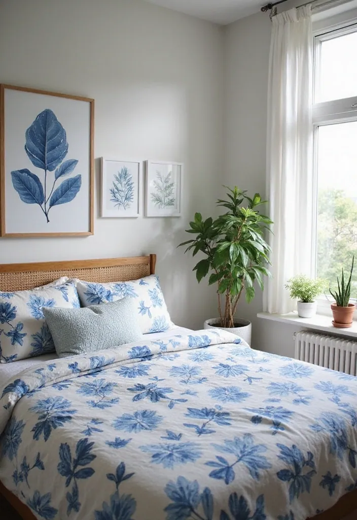 24 Blue Boho Bedroom Ideas That Will Give Your Home a Fresh New Look! - 10. Blue Botanical Prints
