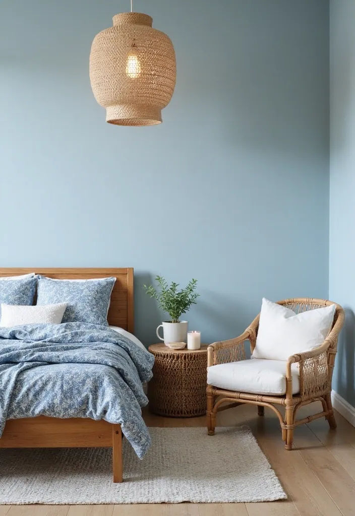24 Blue Boho Bedroom Ideas That Will Give Your Home a Fresh New Look! - 1. Soft Blue Tones with Natural Wood